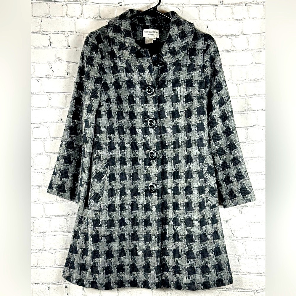 Charles Gray London Wool Blend Houndstooth Peacoat, Black And Grey, Size Small
